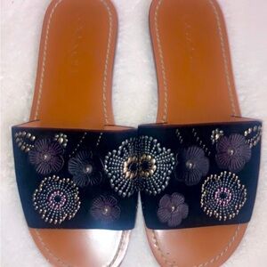 Coach Tea Rose Rivet Stud Black Suede Slide Sandals Shoes Size 8